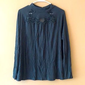 Loft Mock Lace Neck Blue Long Sleeve Shirt